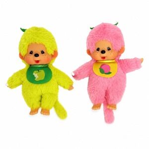Monchhichi Sekiguchi 5in Plush Set of 2 Neon Green Apple Pink Peach Fruit Monkey
